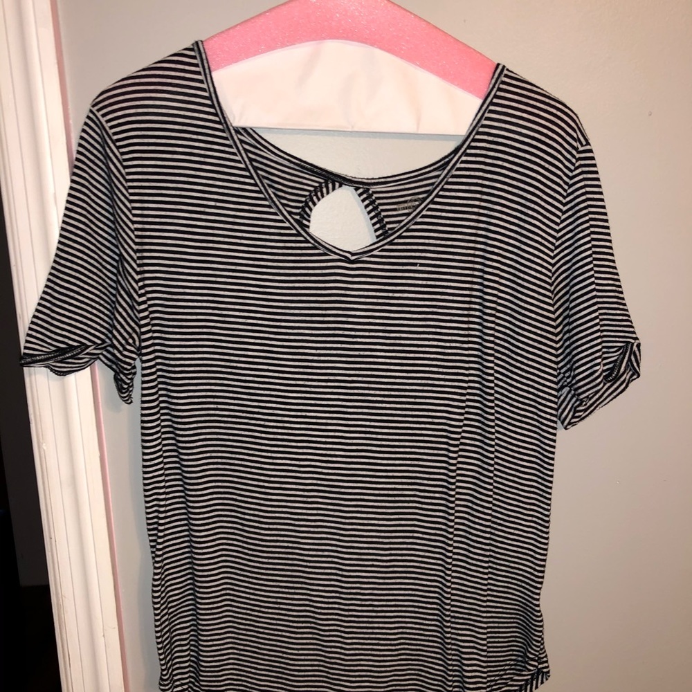 SO White and Black Striped Keyhole Top